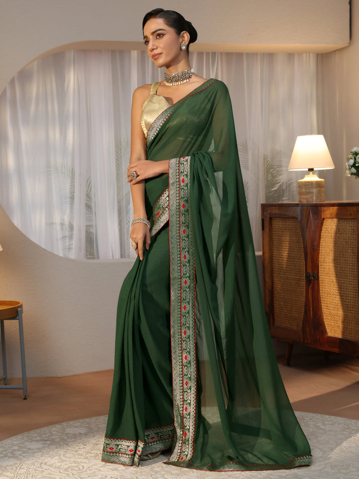 Bottle Green Chiffon Pre Draped Saree