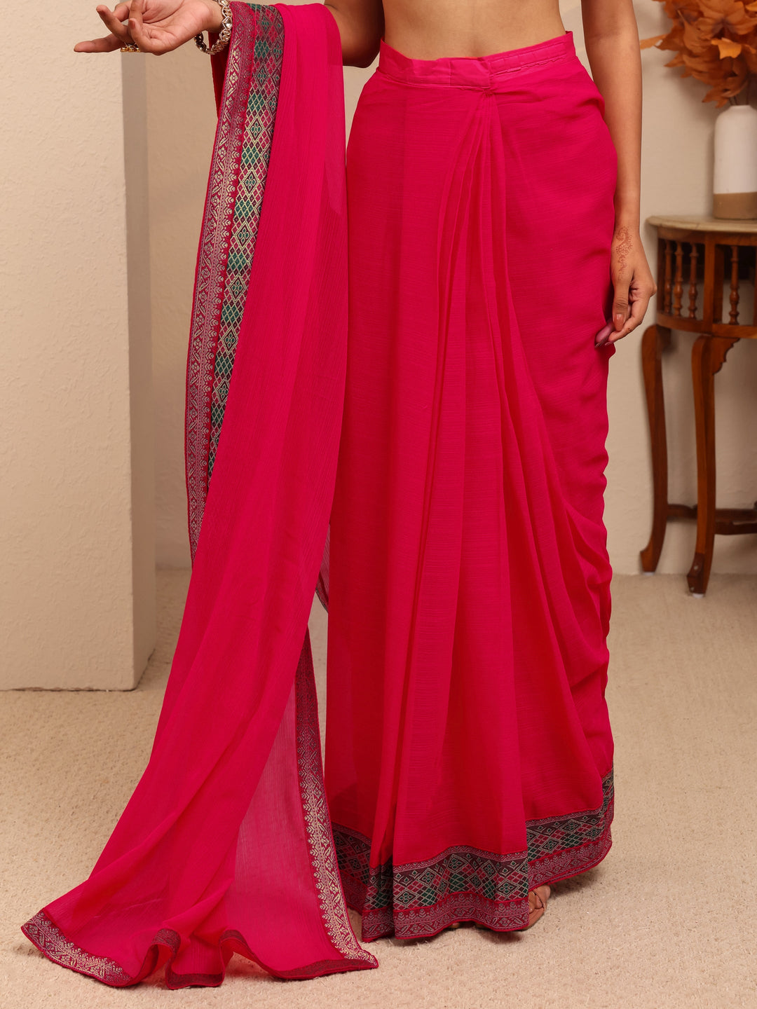 Libas Pink Chiffon Pre-Draped Saree