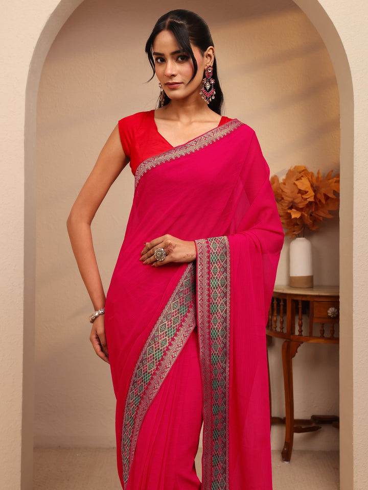 Libas Pink Chiffon Pre-Draped Saree