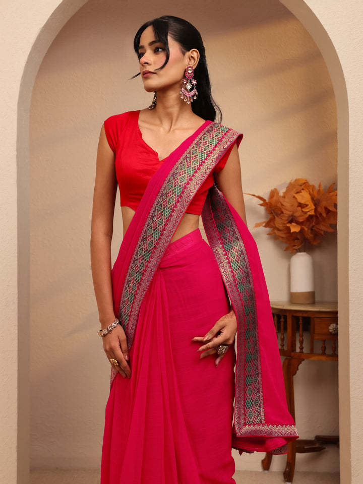 Libas Pink Chiffon Pre-Draped Saree