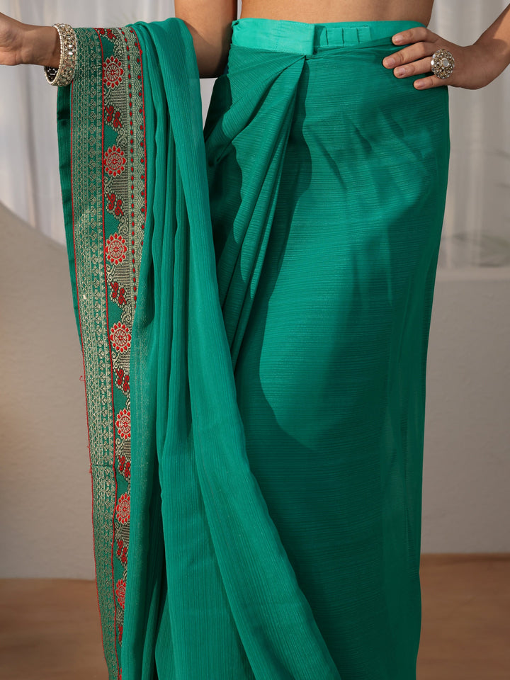 Teal Green Chiffon Pre Draped Saree