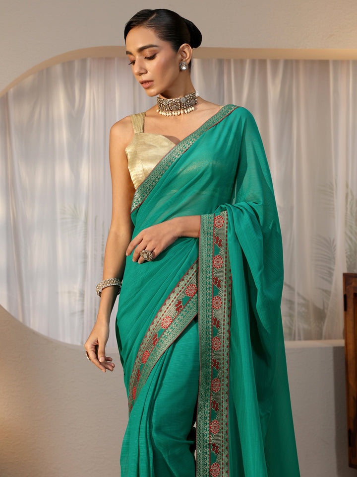 Teal Green Chiffon Pre Draped Saree