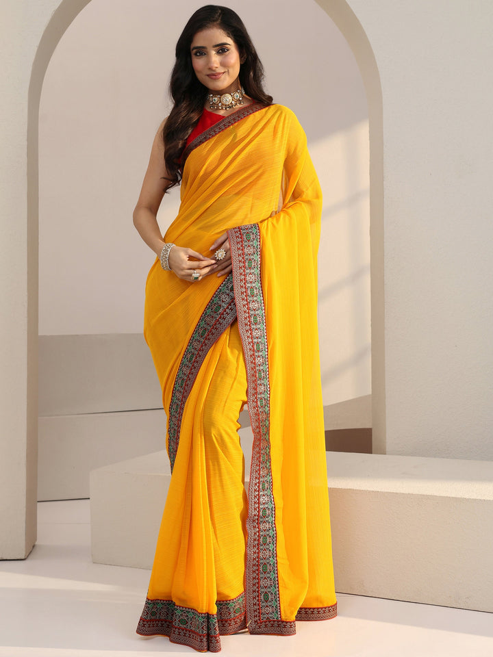 Libas Mustard Solid Chiffon Pre Draped Saree