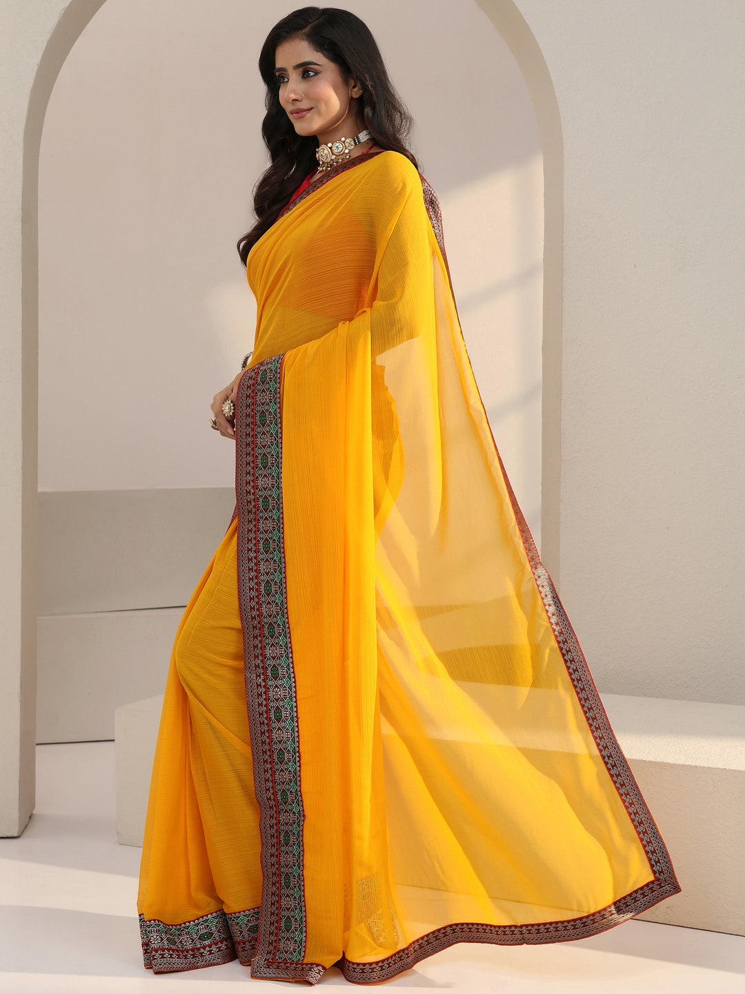 Libas Mustard Solid Chiffon Pre Draped Saree
