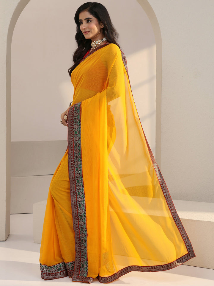Libas Mustard Solid Chiffon Pre Draped Saree