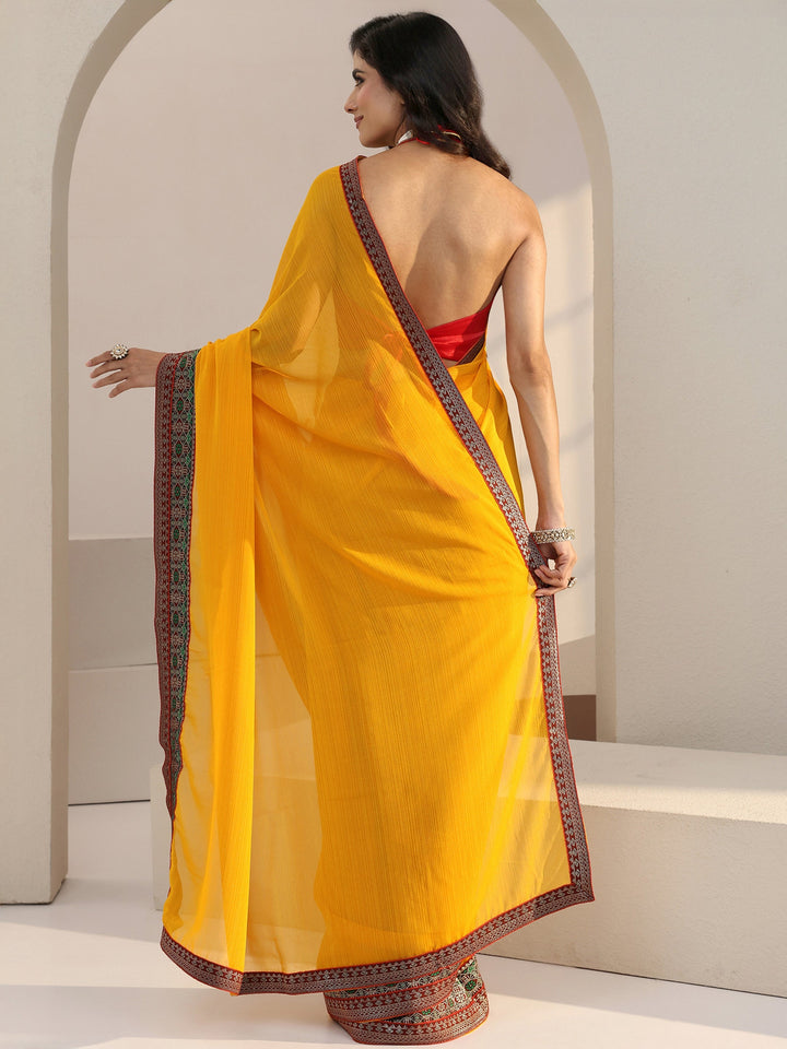 Libas Mustard Solid Chiffon Pre Draped Saree
