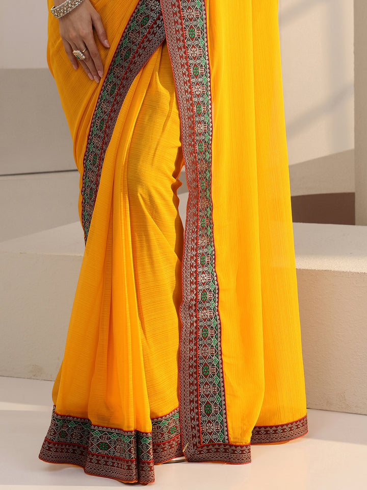Libas Mustard Solid Chiffon Pre Draped Saree