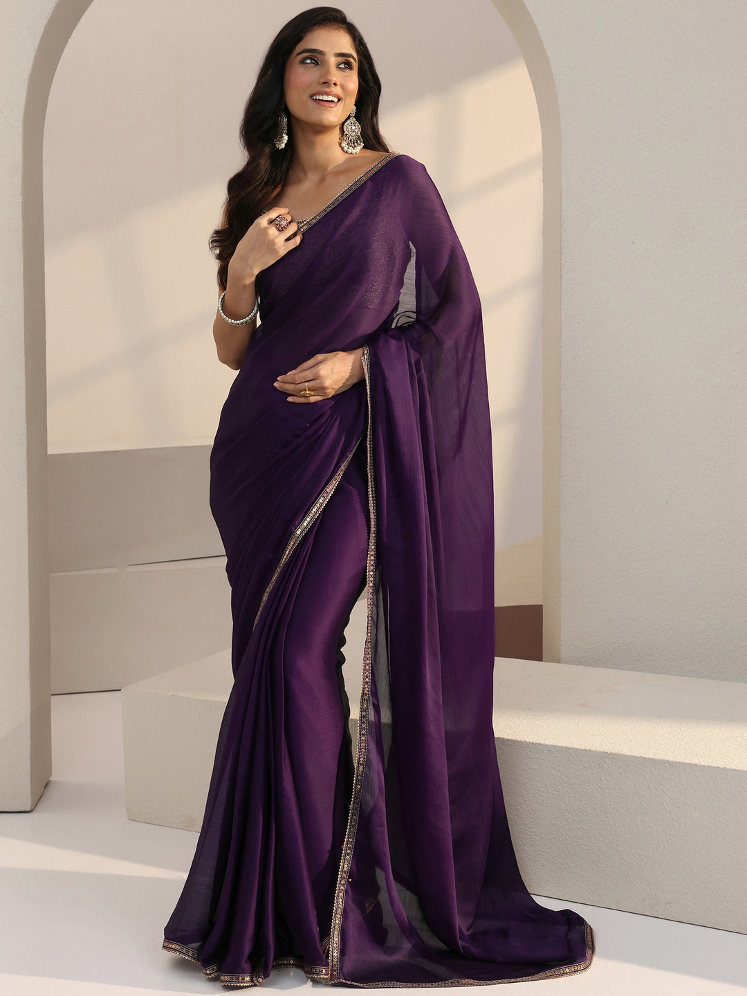 Libas Purple Solid Chiffon Pre Draped Saree