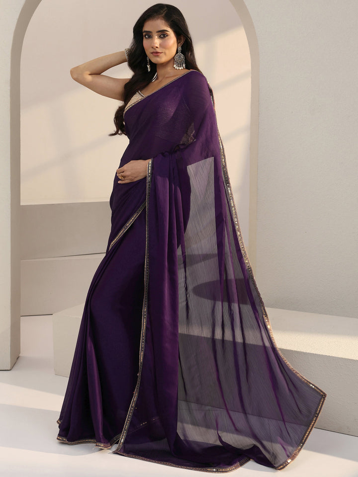 Libas Purple Solid Chiffon Pre Draped Saree