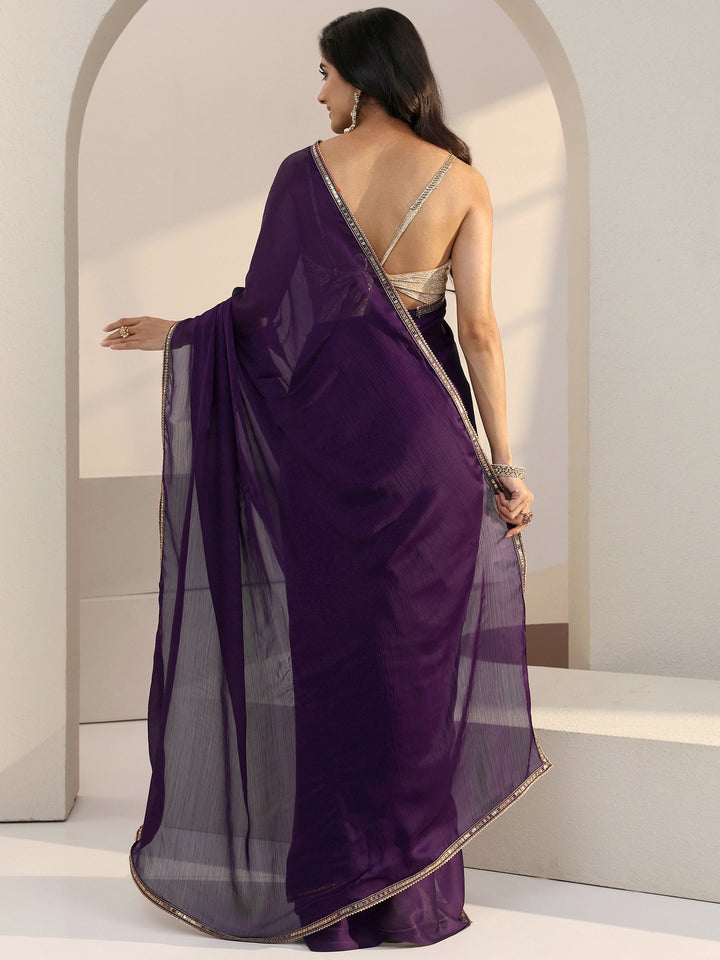 Libas Purple Solid Chiffon Pre Draped Saree