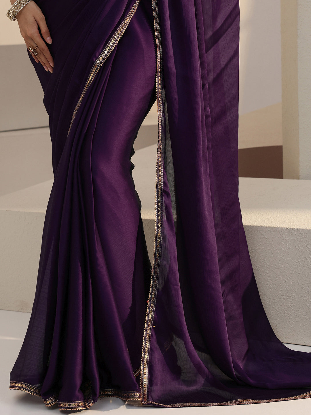 Libas Purple Solid Chiffon Pre Draped Saree