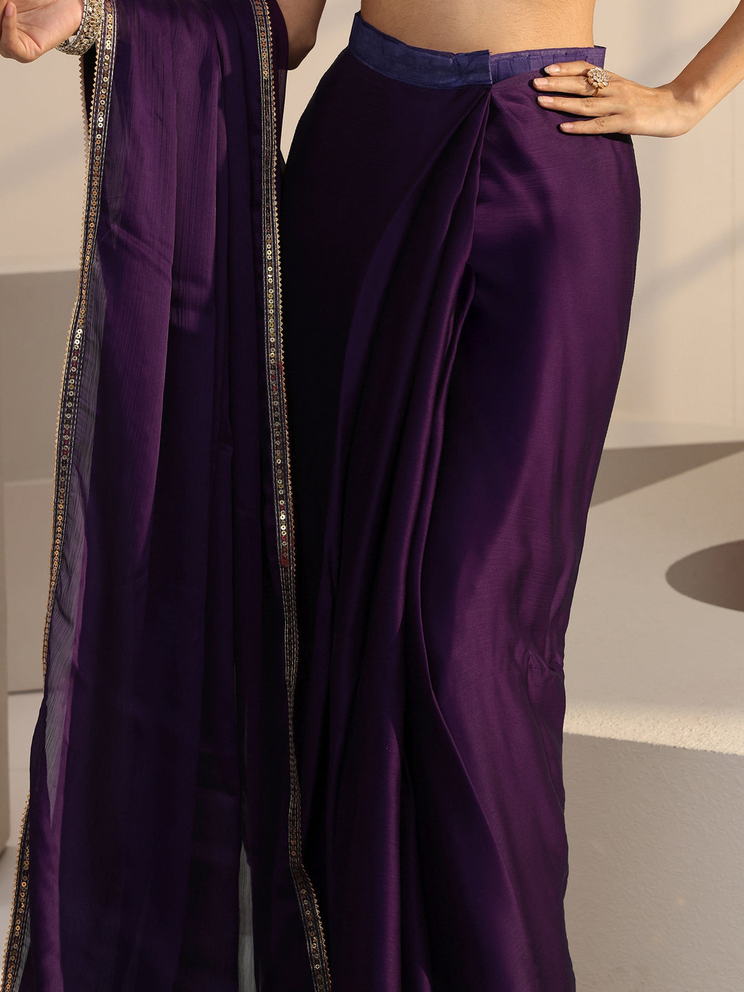 Libas Purple Solid Chiffon Pre Draped Saree