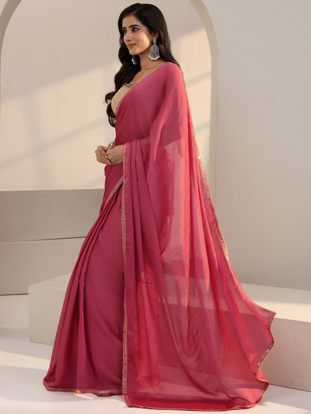Libas Peach Chiffon Pre Draped Saree