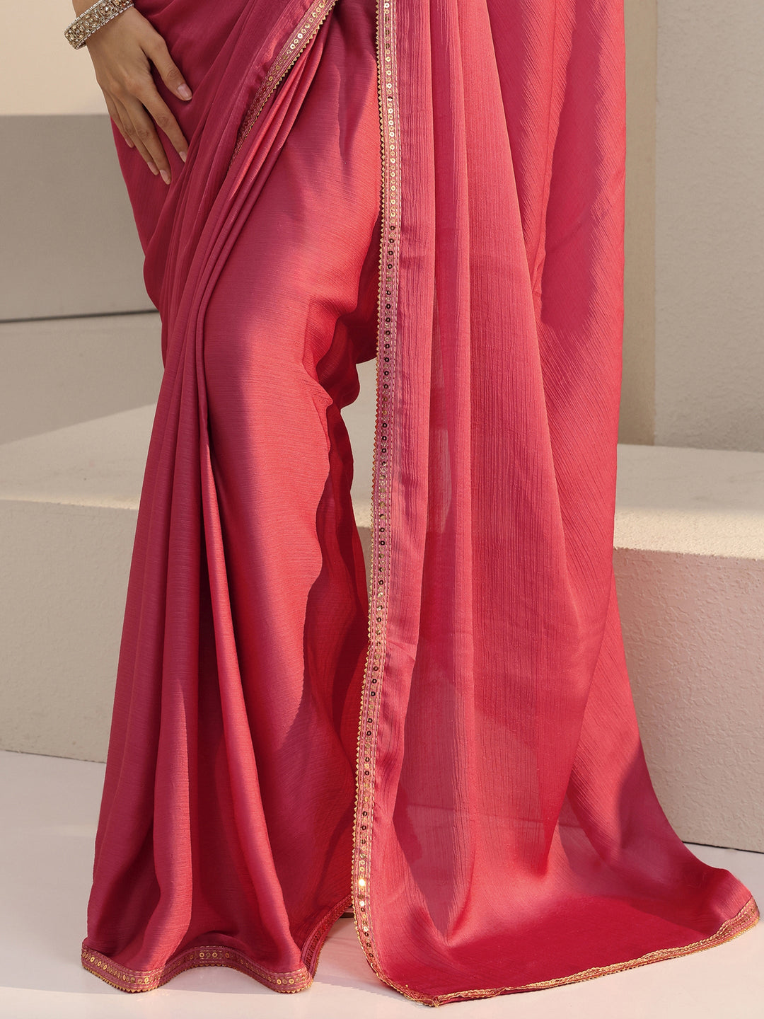 Libas Peach Chiffon Pre Draped Saree