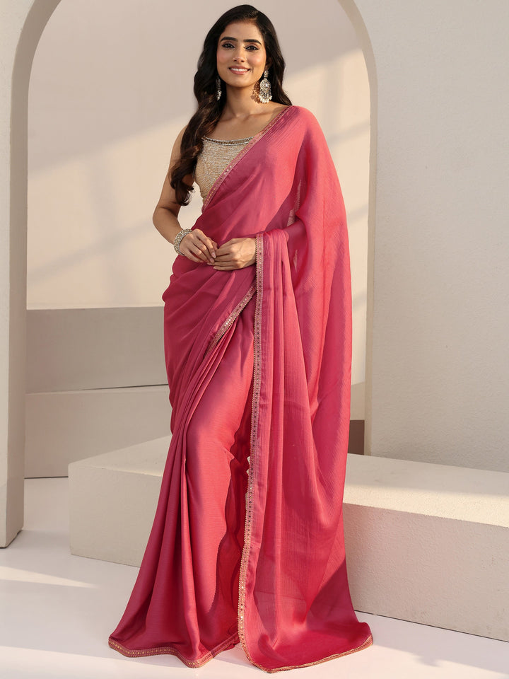 Libas Peach Chiffon Pre Draped Saree