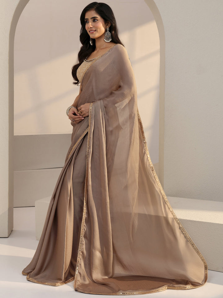 Libas Beige Chiffon Pre Draped Saree