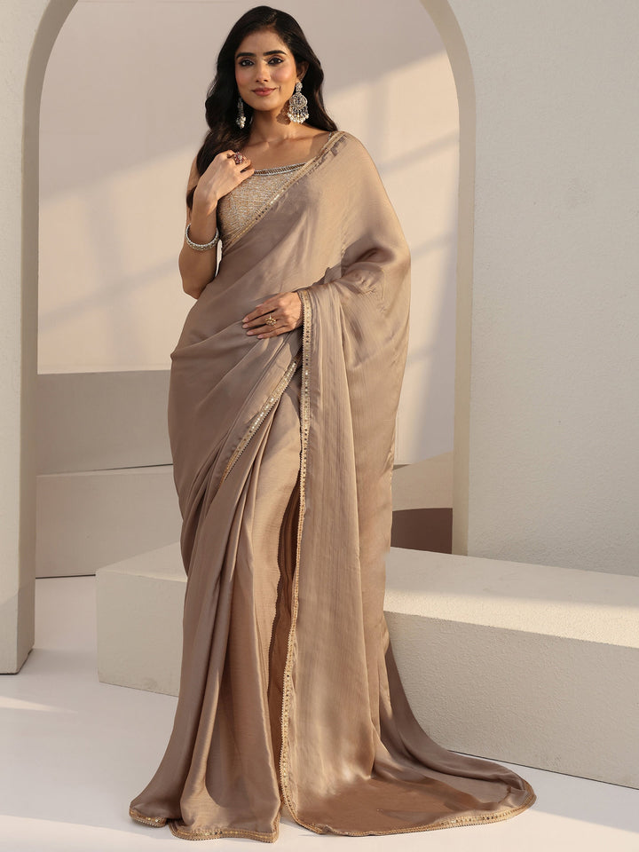 Libas Beige Chiffon Pre Draped Saree