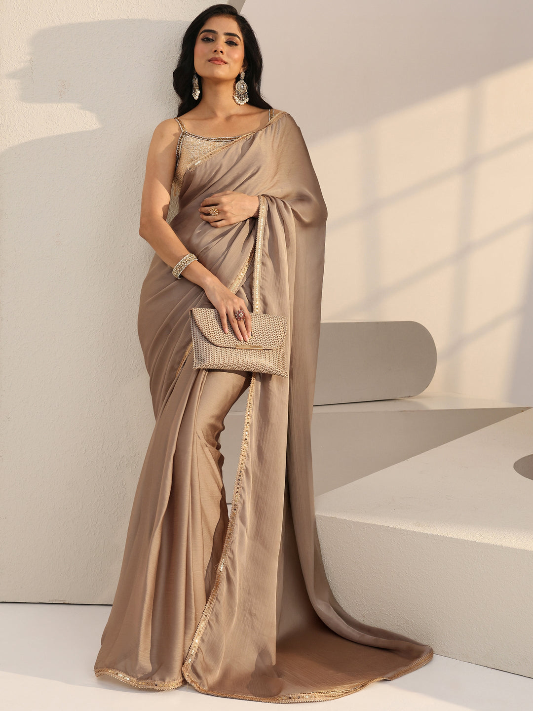 Libas Beige Chiffon Pre Draped Saree