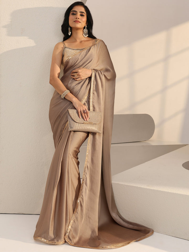 Libas Beige Chiffon Pre Draped Saree