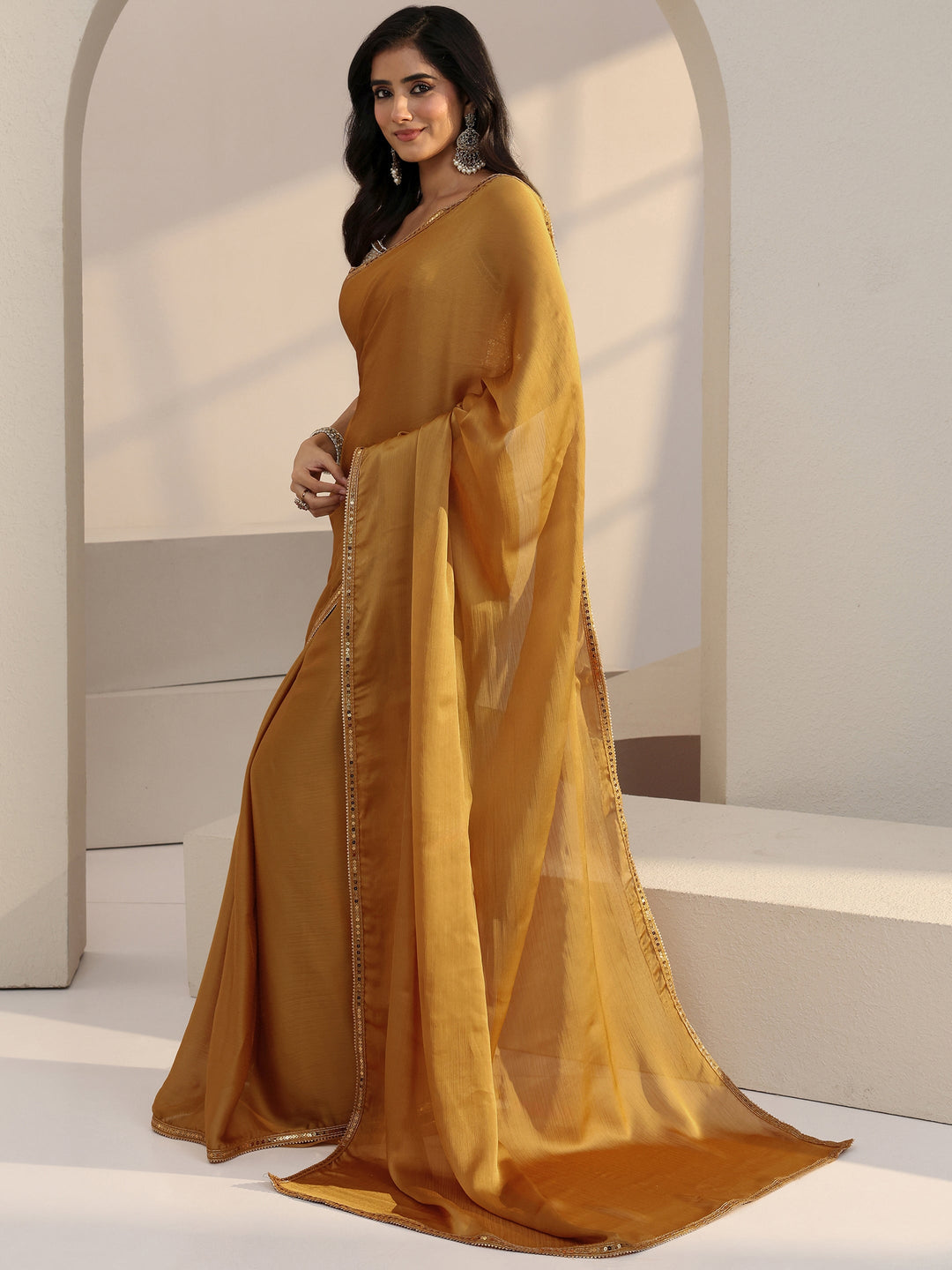 Libas Mustard Chiffon Pre Draped Saree