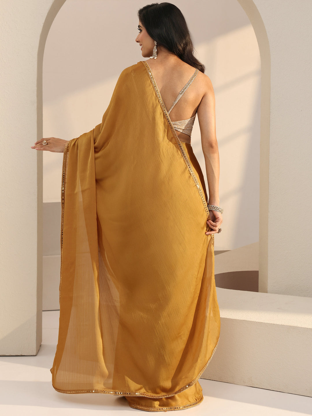 Libas Mustard Chiffon Pre Draped Saree