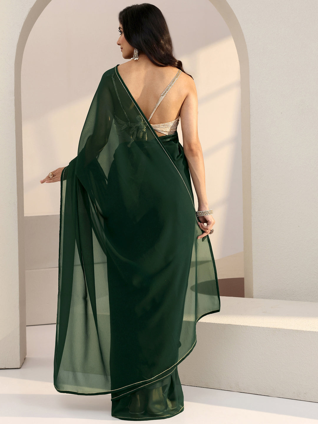 Libas Forest Green Georgette Pre Draped Saree