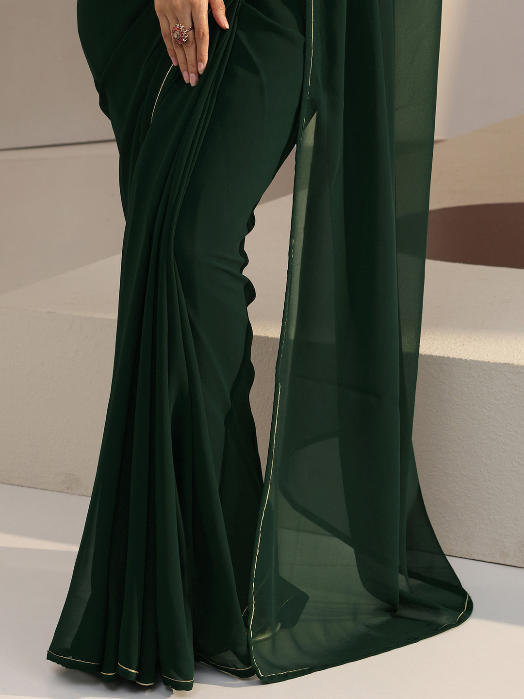 Libas Forest Green Georgette Pre Draped Saree