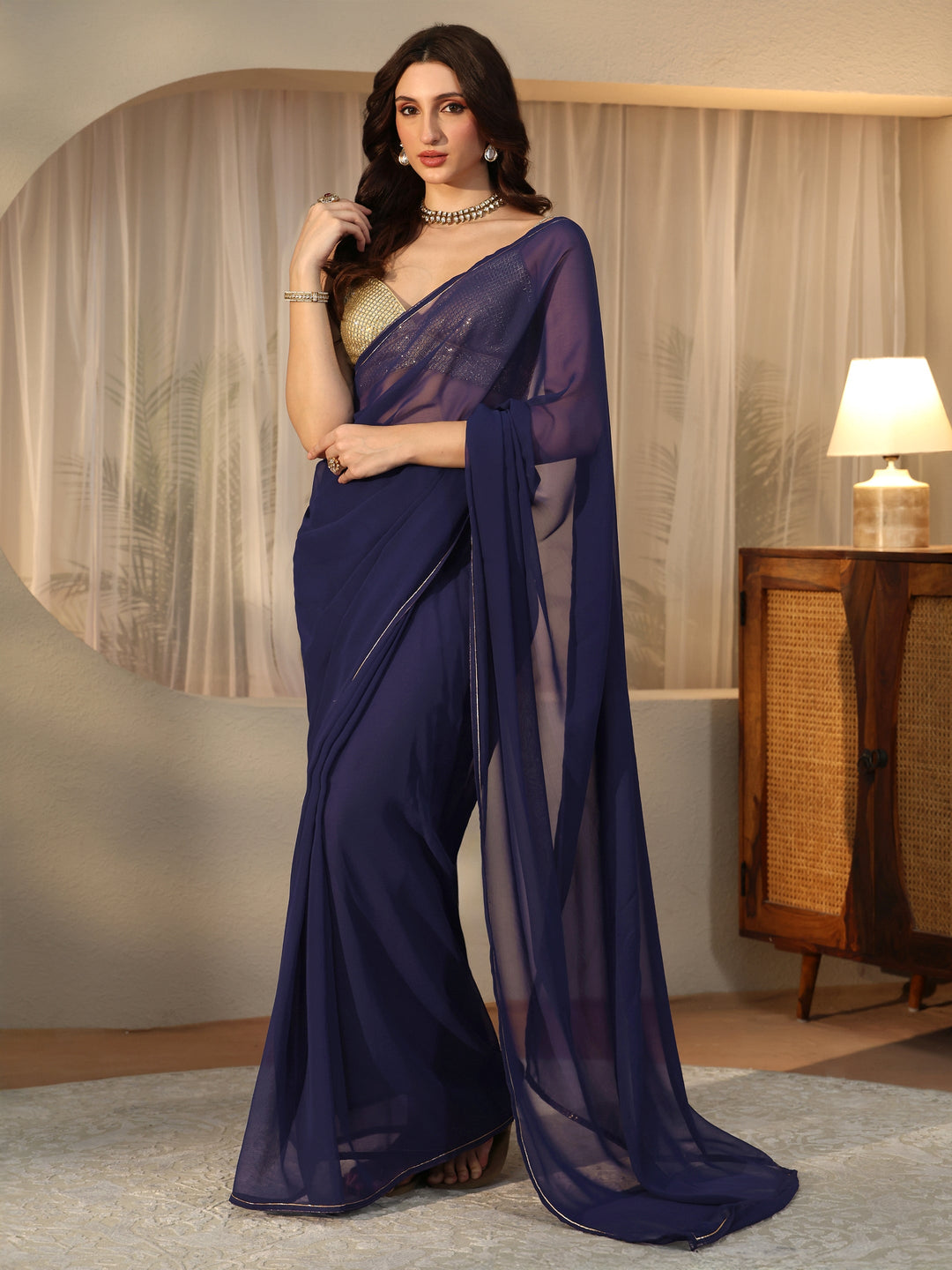 Libas Midnight Blue Georgette Pre Draped Saree