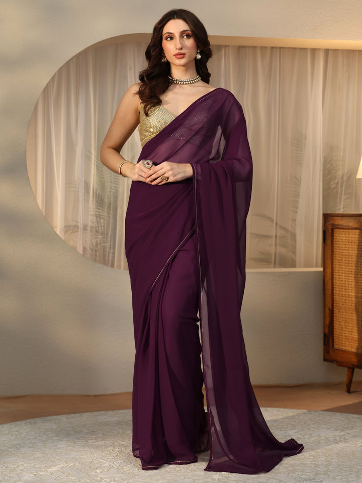 Libas Burgundy Georgette Pre Draped Saree