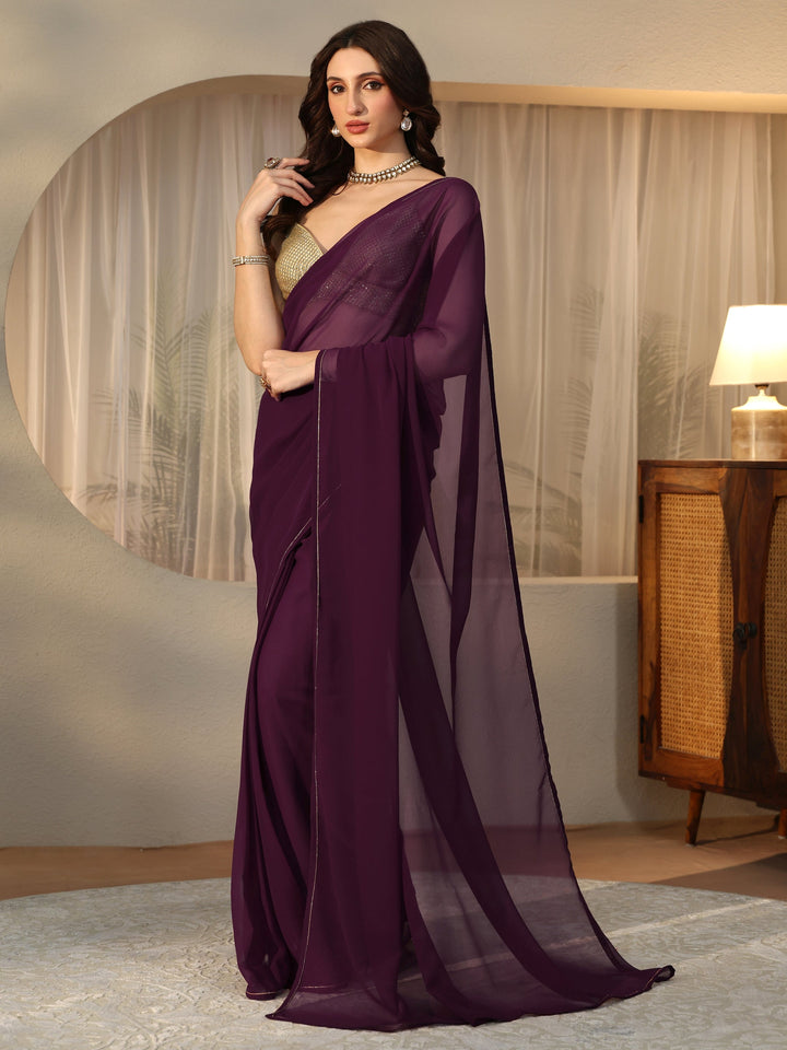 Libas Burgundy Georgette Pre Draped Saree