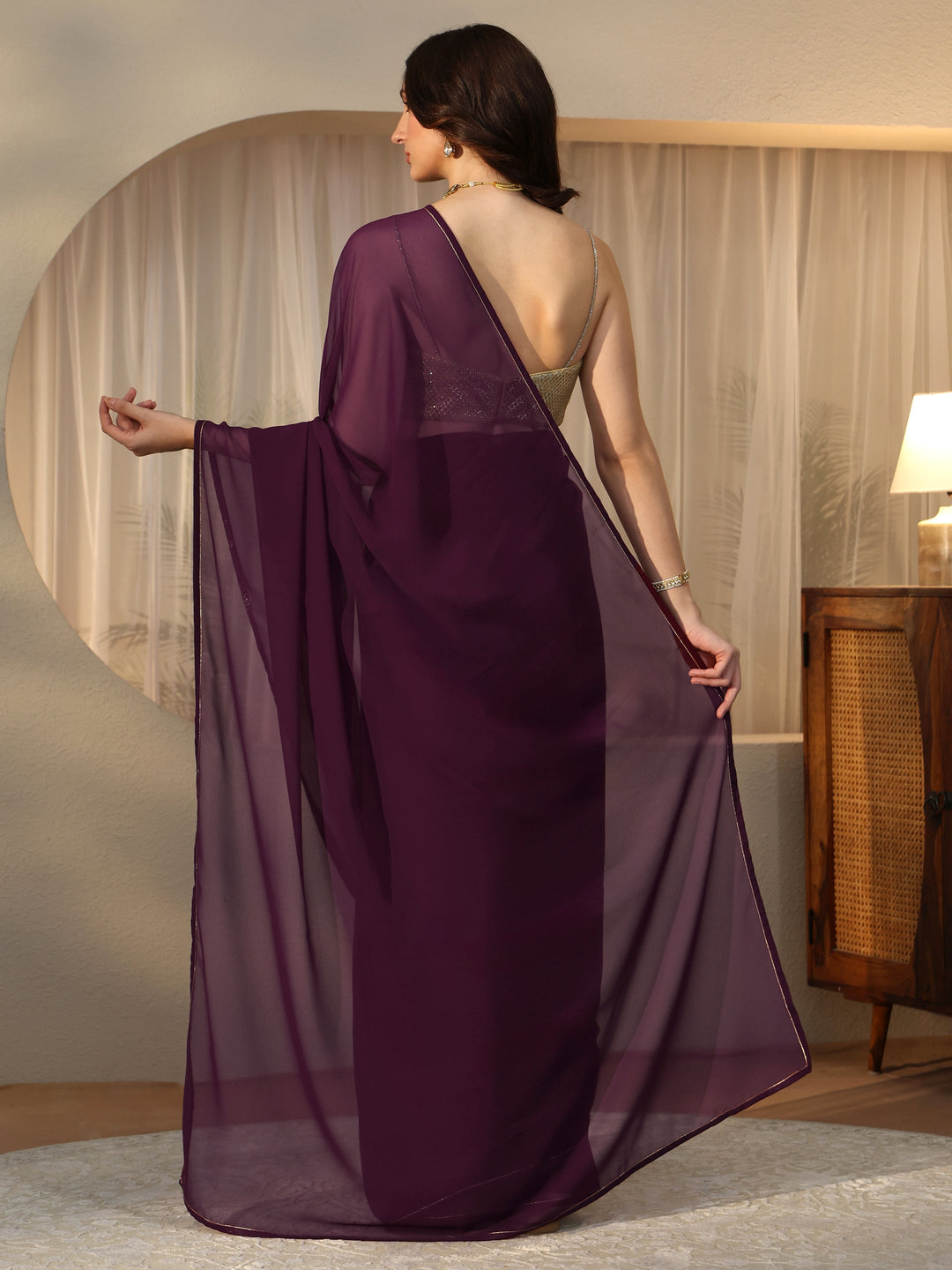 Libas Burgundy Georgette Pre Draped Saree