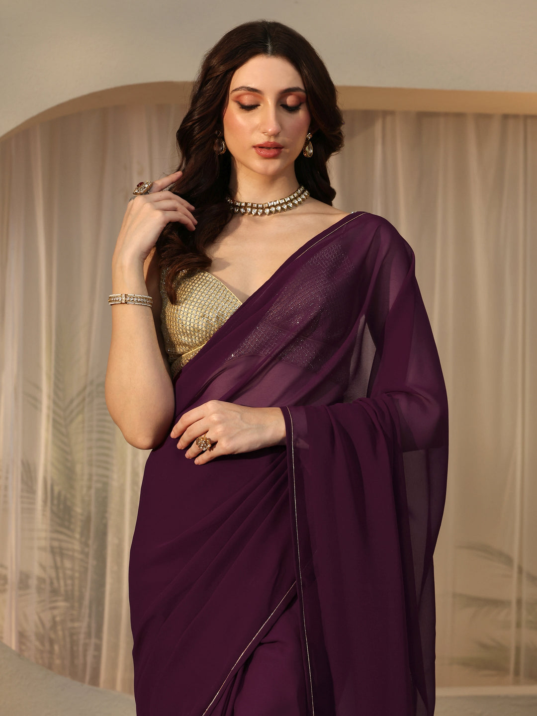 Libas Burgundy Georgette Pre Draped Saree