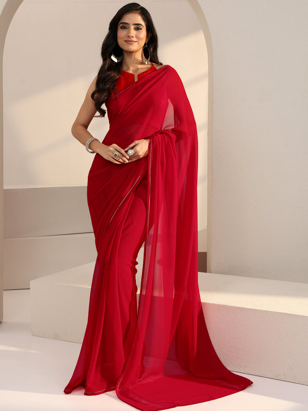 Libas Hot Pink Georgette Pre Draped Saree