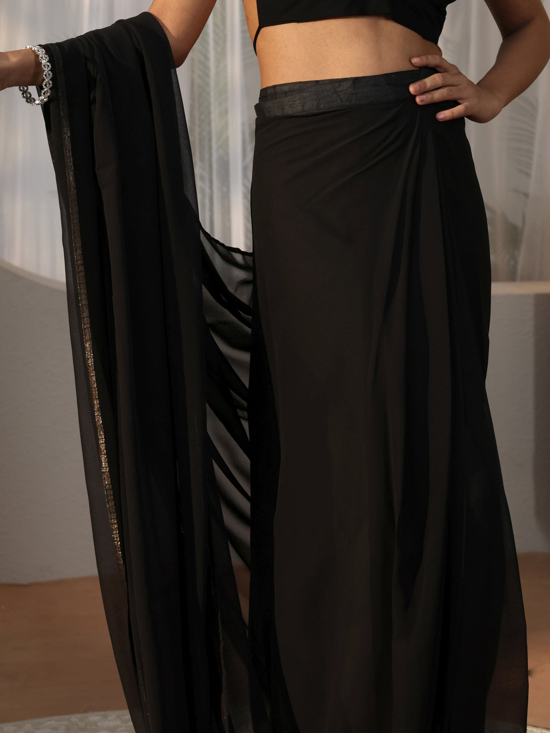 Black Georgette Pre Draped Saree