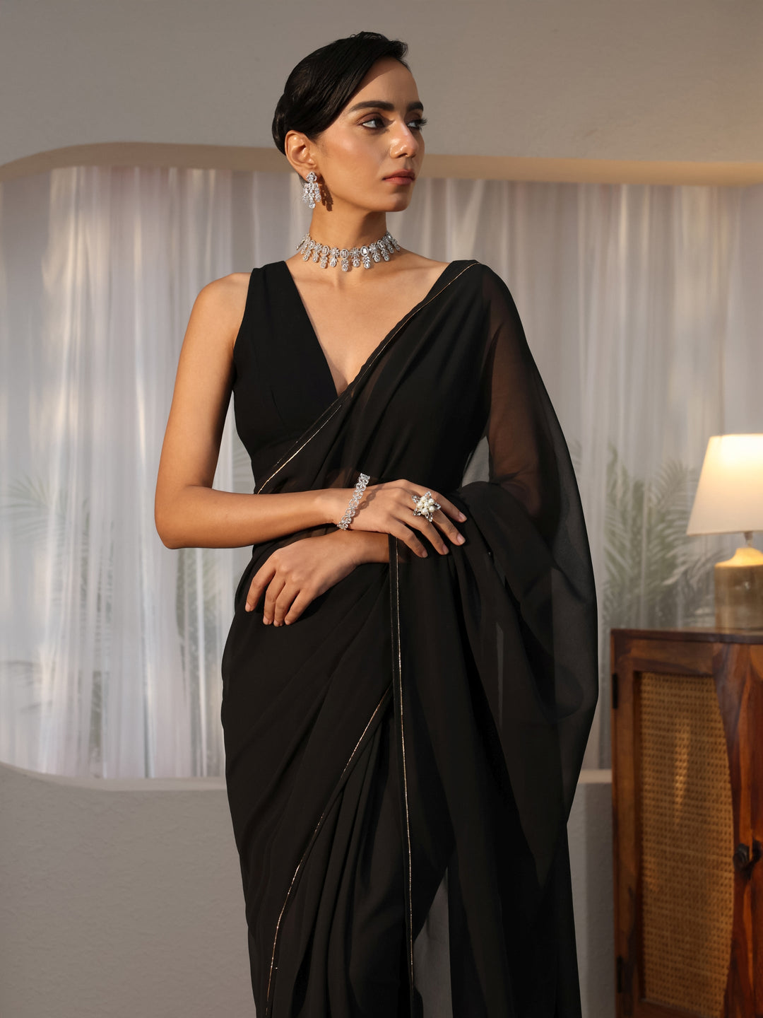 Black Georgette Pre Draped Saree