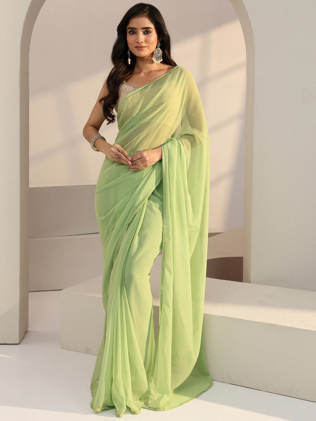 Libas Light Green Georgette Pre Draped Saree