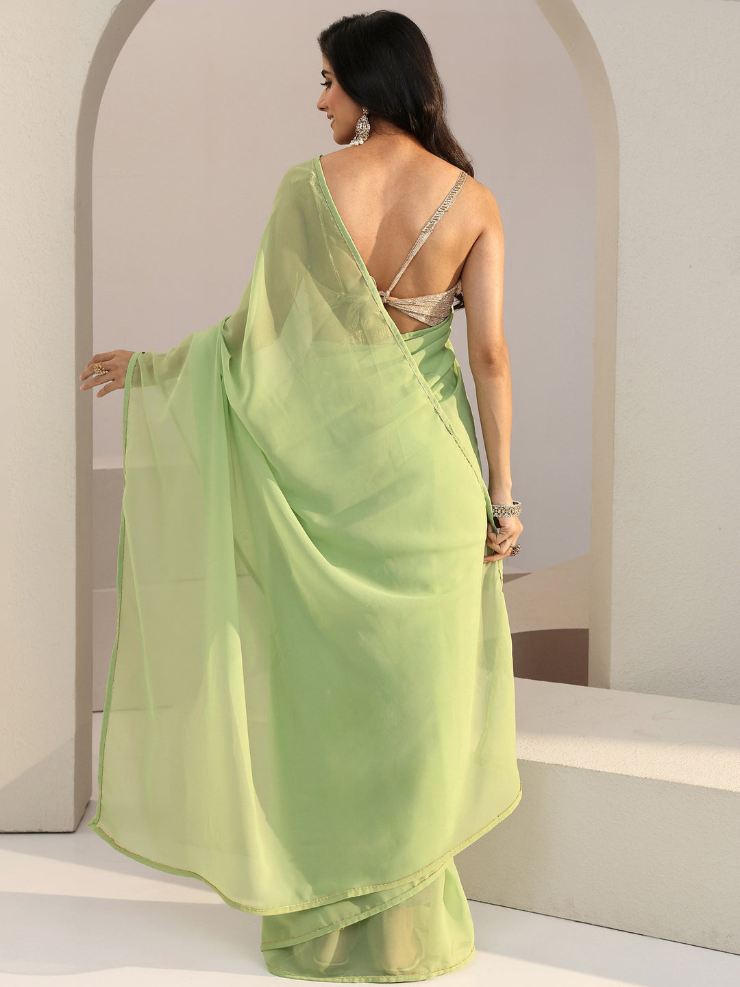 Libas Light Green Georgette Pre Draped Saree