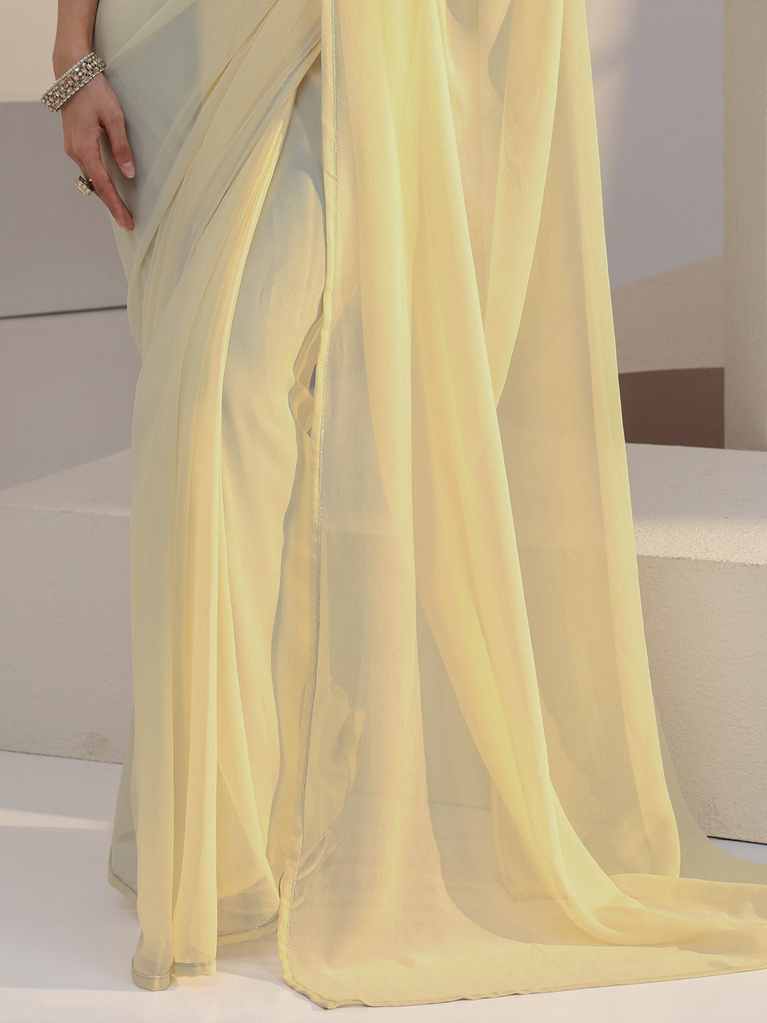 Libas Cream Georgette Pre Draped Saree