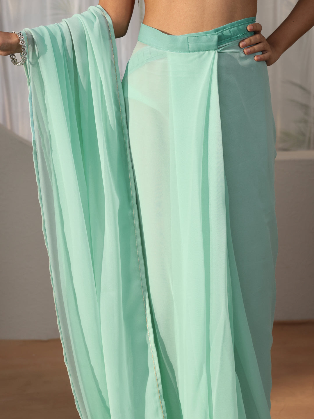 Powder Blue Georgette Pre Draped Saree