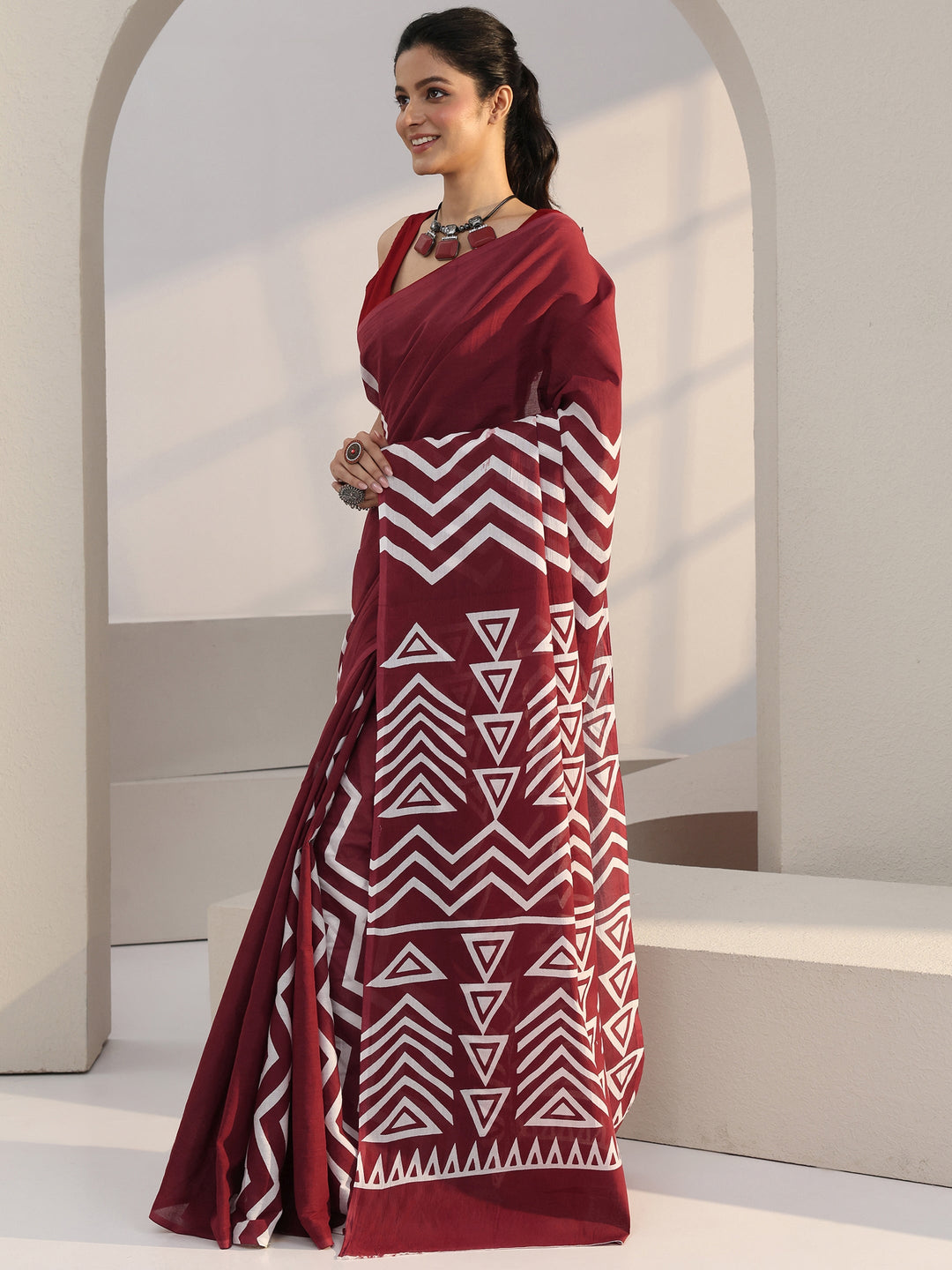 Libas Maroon Chevron Print Cotton Saree