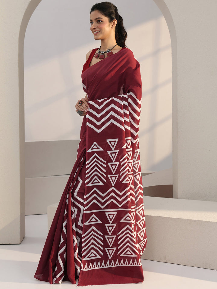 Libas Maroon Chevron Print Cotton Saree