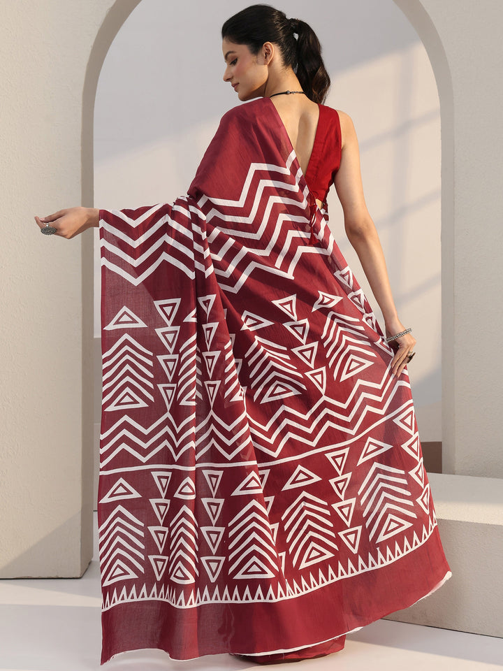 Libas Maroon Chevron Print Cotton Saree