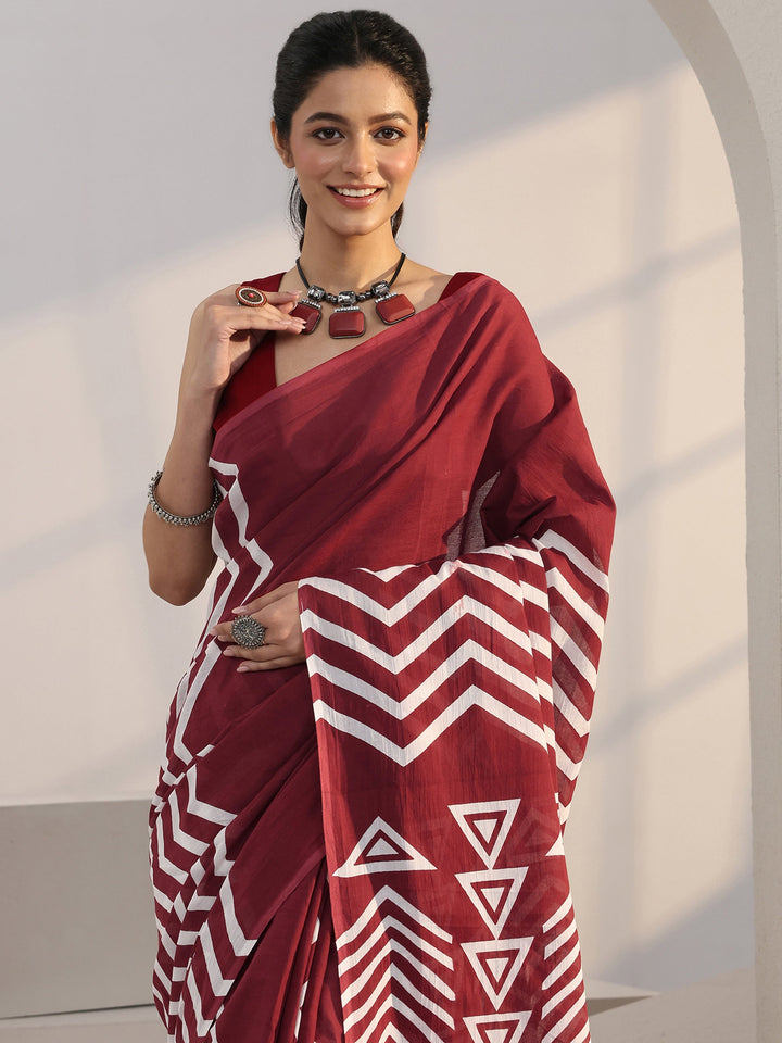 Libas Maroon Chevron Print Cotton Saree
