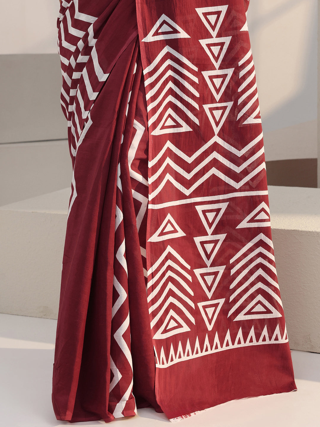 Libas Maroon Chevron Print Cotton Saree