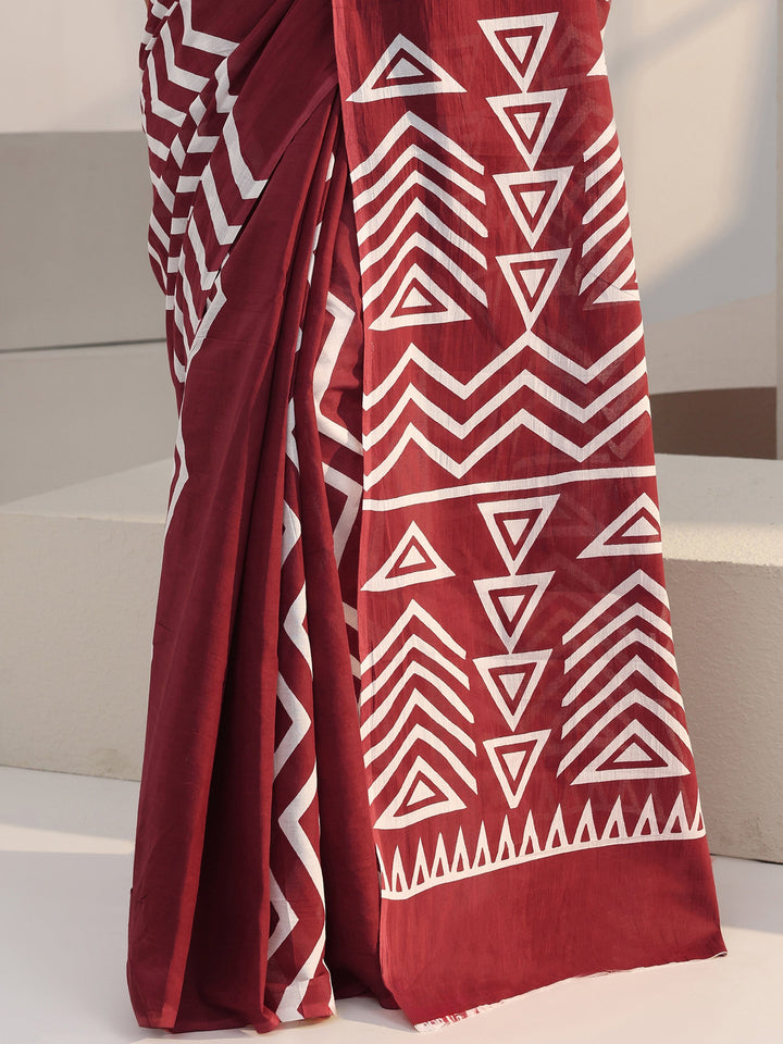 Libas Maroon Chevron Print Cotton Saree