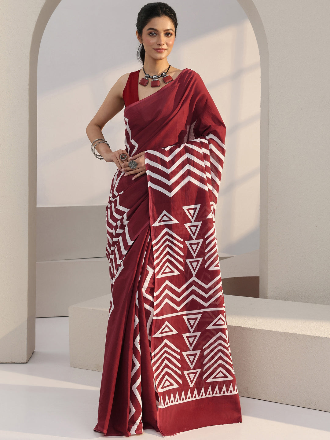 Libas Maroon Chevron Print Cotton Saree