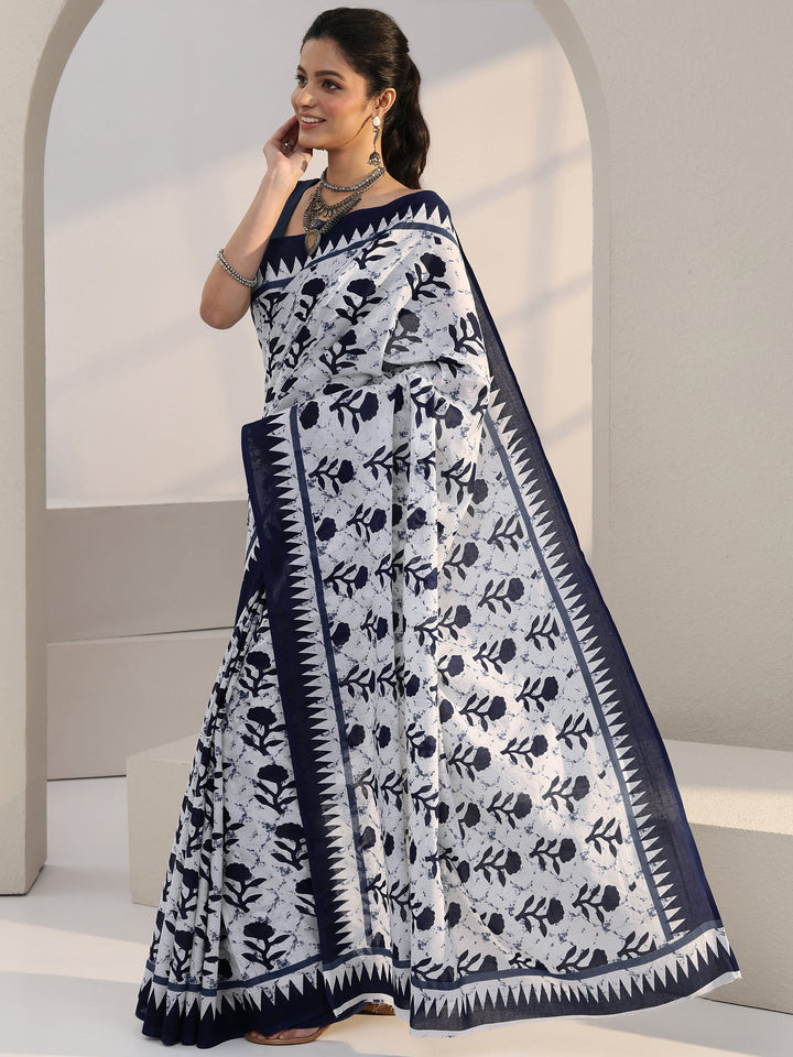 Libas White Floral Print Batik Cotton Saree