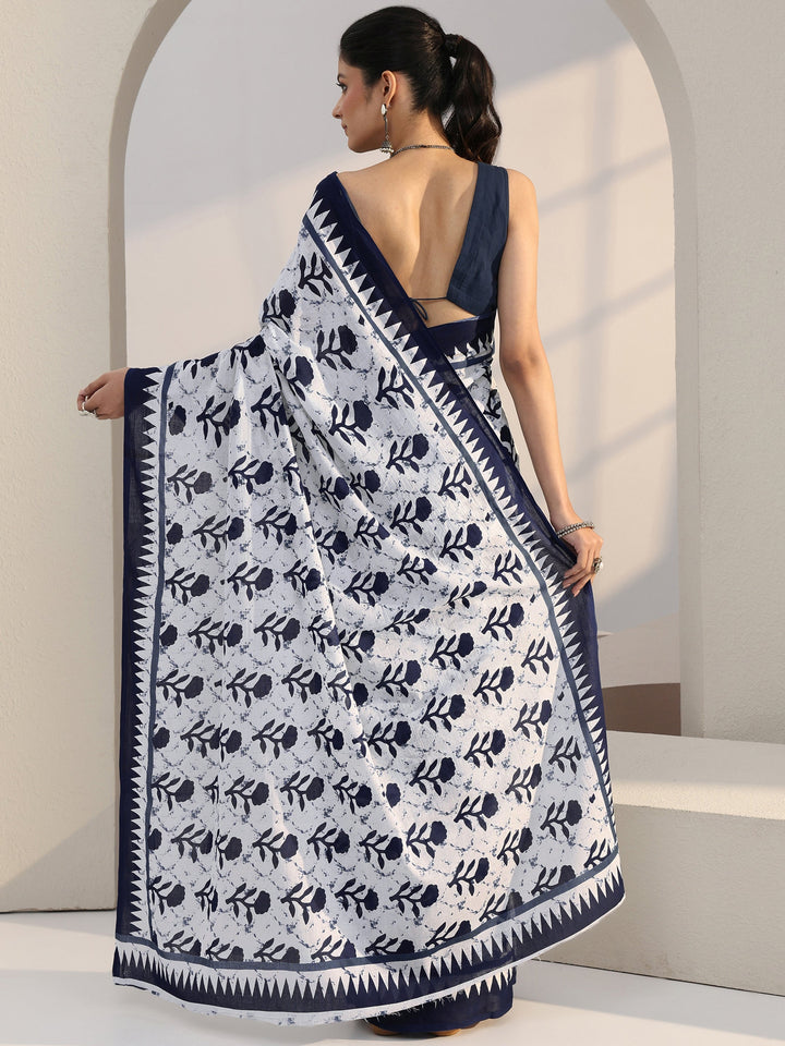 Libas White Floral Print Batik Cotton Saree