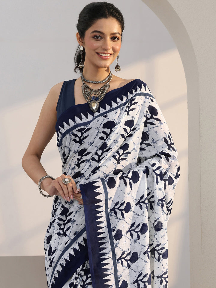 Libas White Floral Print Batik Cotton Saree