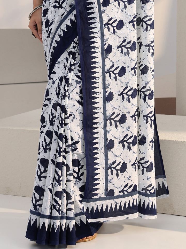 Libas White Floral Print Batik Cotton Saree